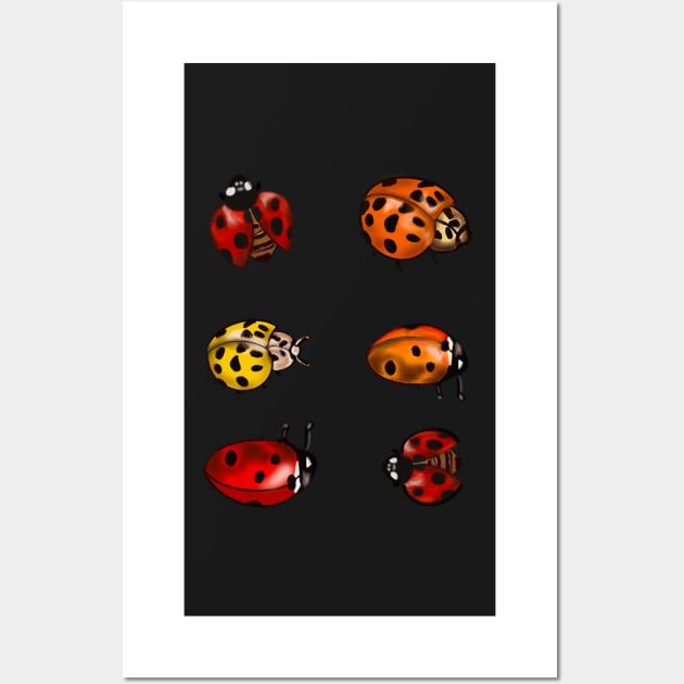 Red, orange and yellow ladybugs -A group of lady bugs is called a loveliness - purple background Wall Art by Artonmytee